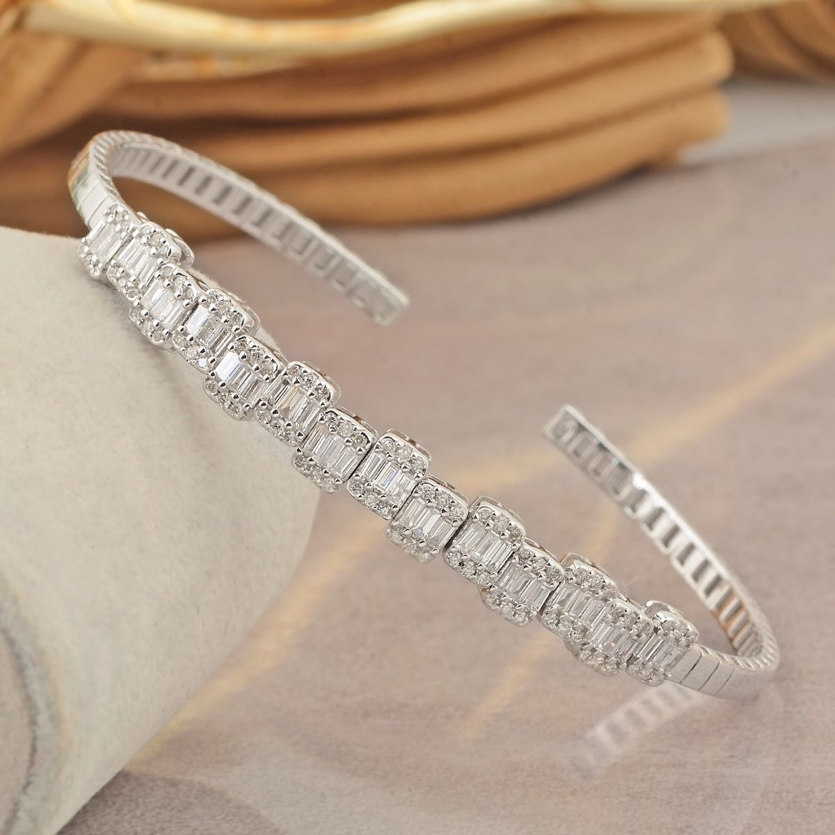1.25 TCW SI/HI Baguette Diamond Adjustable Bangle Bracelet 14K White Gold | Party Wear Bangle Jewelry for Women