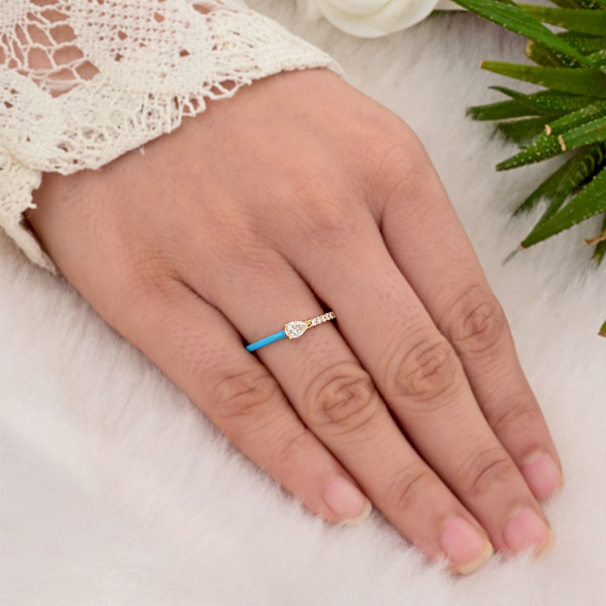 14k Yellow Gold 0.47 SI Clarity HI Color Pear Diamond With Blue Enamel Party Wear Ring Christmas Gift For Women