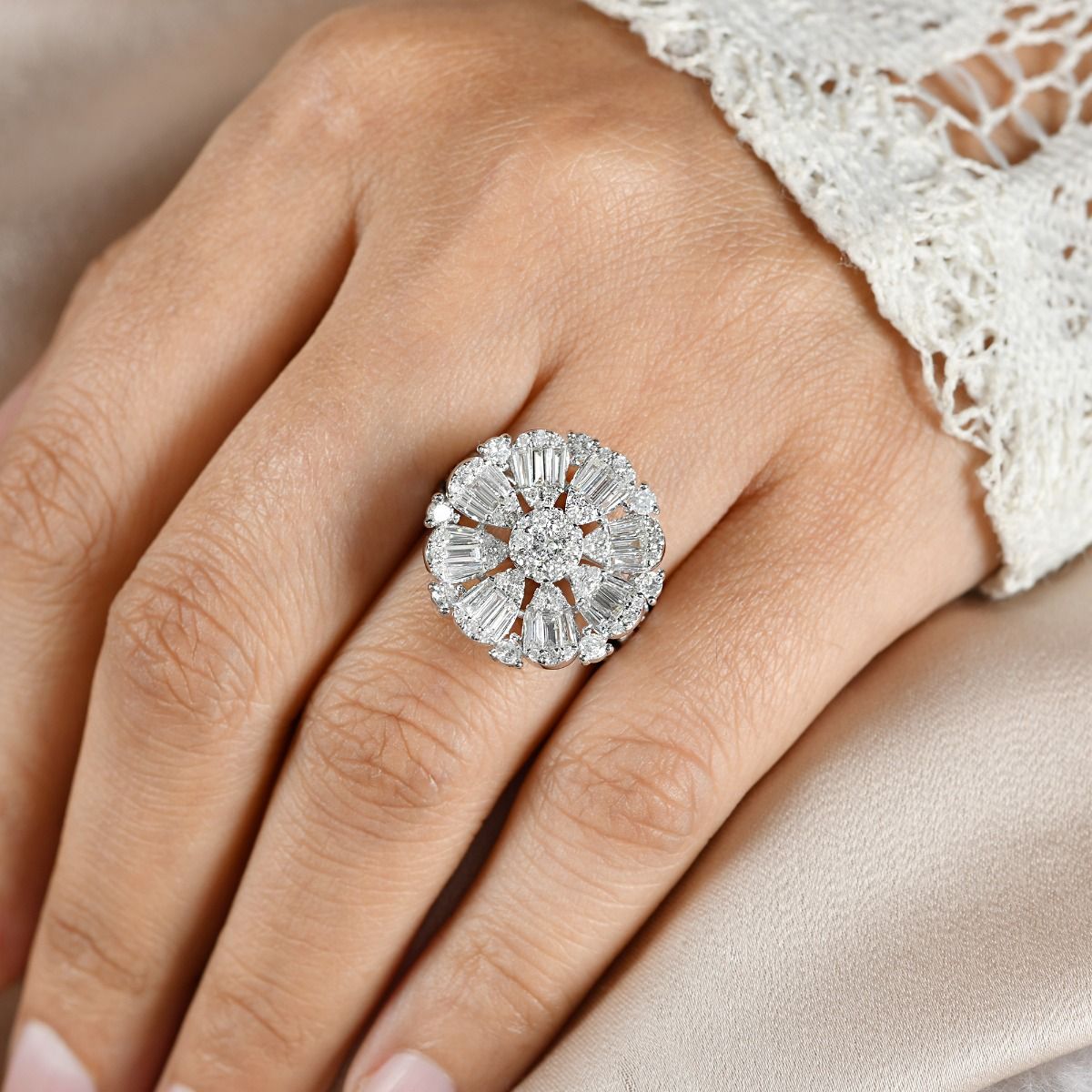 Natural 2.15 Carat HI/SI Diamond Floral Ring Solid 18k White Gold Handmade Jewelry Anniversary Gift For Her