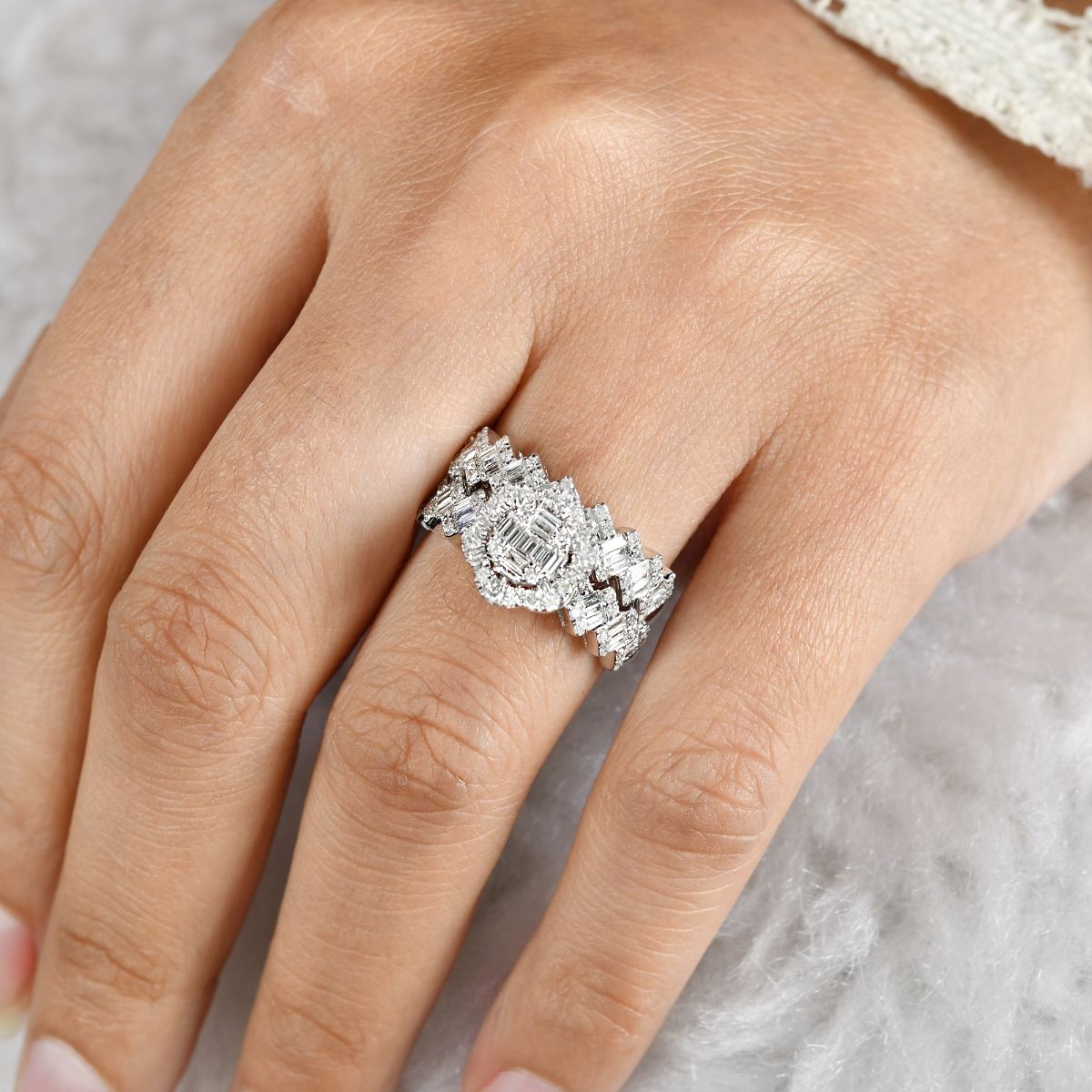 18k White Gold Handmade Stackable Ring Set Natural 1.50 Carat HI/SI Diamond Engagement Ring