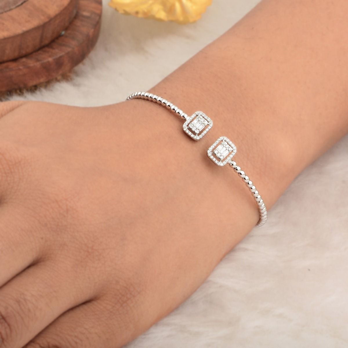 14k White Gold 0.40 TCW SI Clarity HI Color Baguette Diamond Beaded Cuff Bangle Bracelet Jewelry For Women