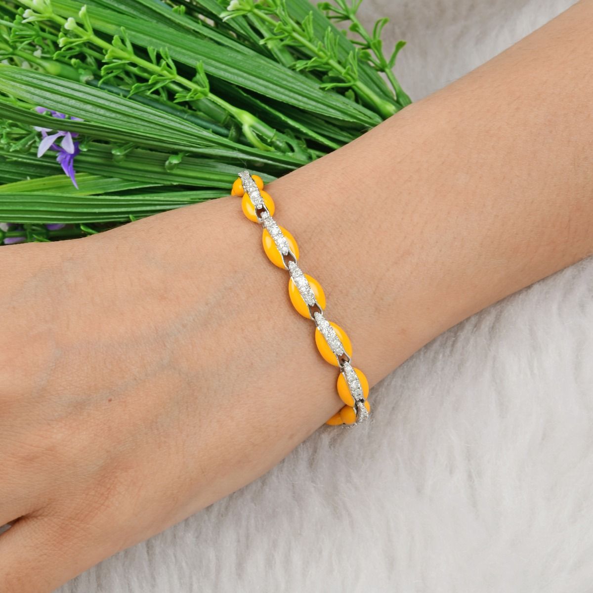 Cowrie Shell Yellow Color Enamel Bracelet 10k White Gold Natural 1.90 Carat HI Color SI Clarity Pave Diamond Women Jewelry