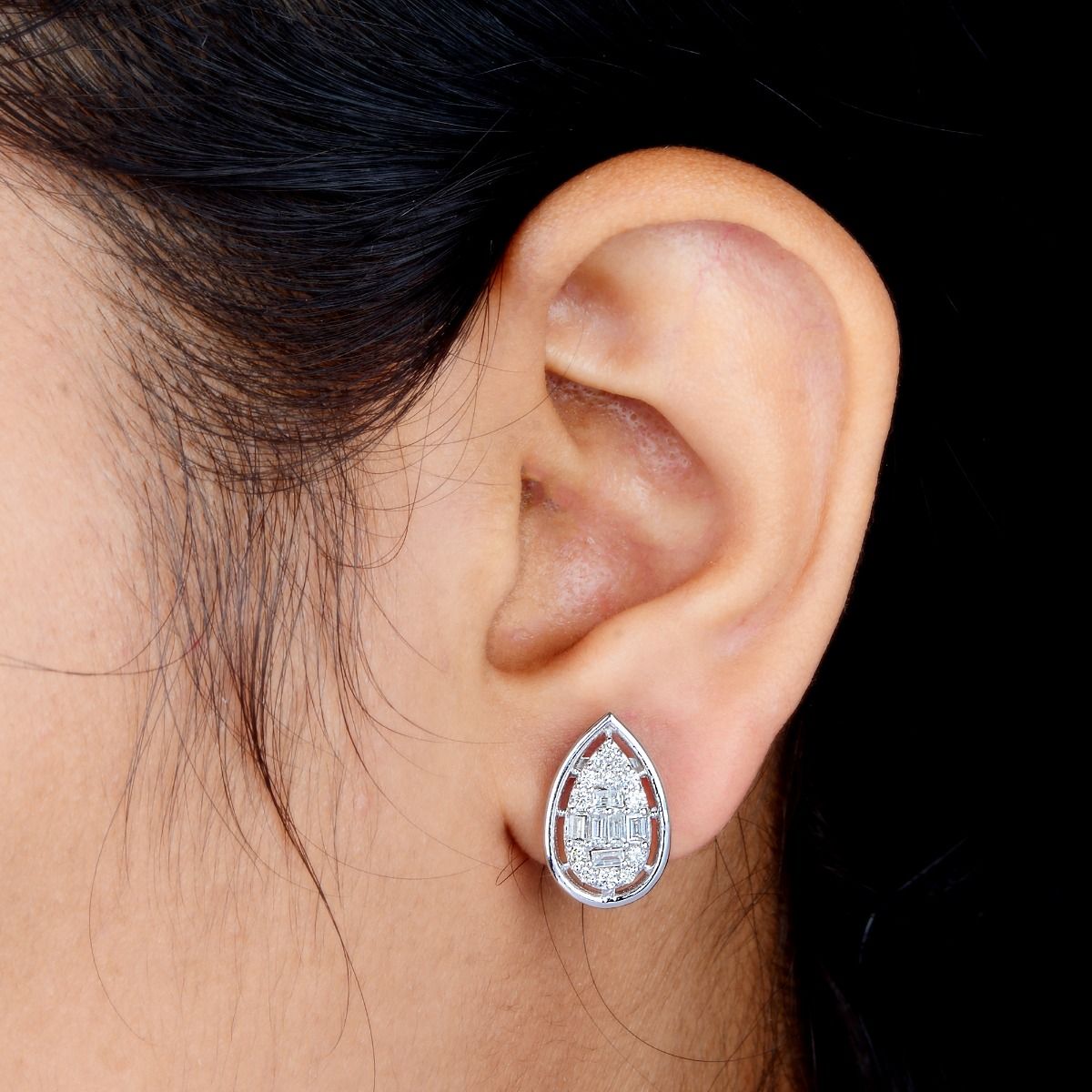 Elegant Tear Drop Stud Earrings For Women In 10k Solid White Gold & 0.82 TCW SI Clarity HI Color Baguette Diamond Jewelry For Women