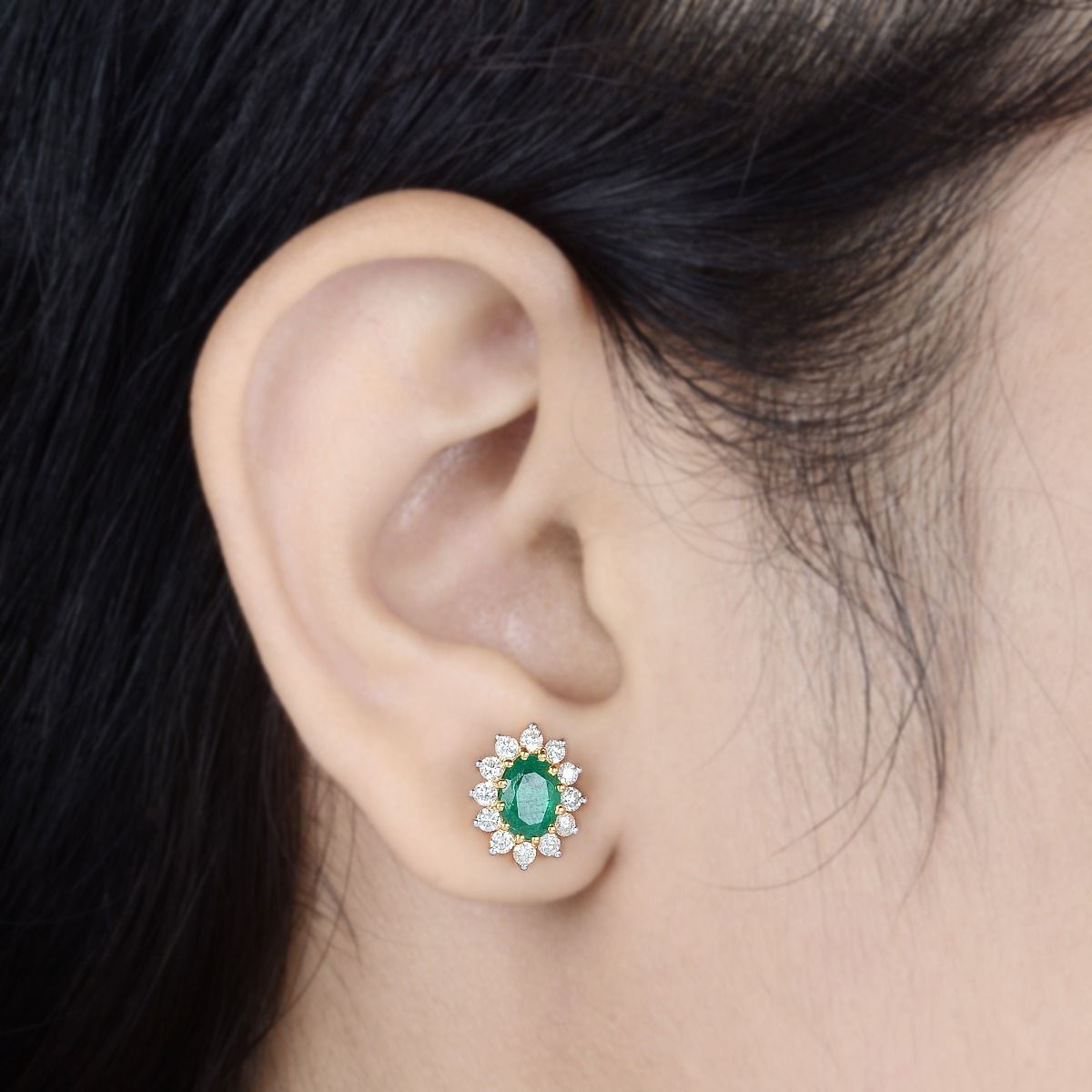 10k Yellow Gold 0.71 TCW SI Clarity HI Color Diamond Zambian Emerald Gemstone Stud Earrings |Jewelry For Women |Diamond Stud Earrings |Anniversary Gift For Her