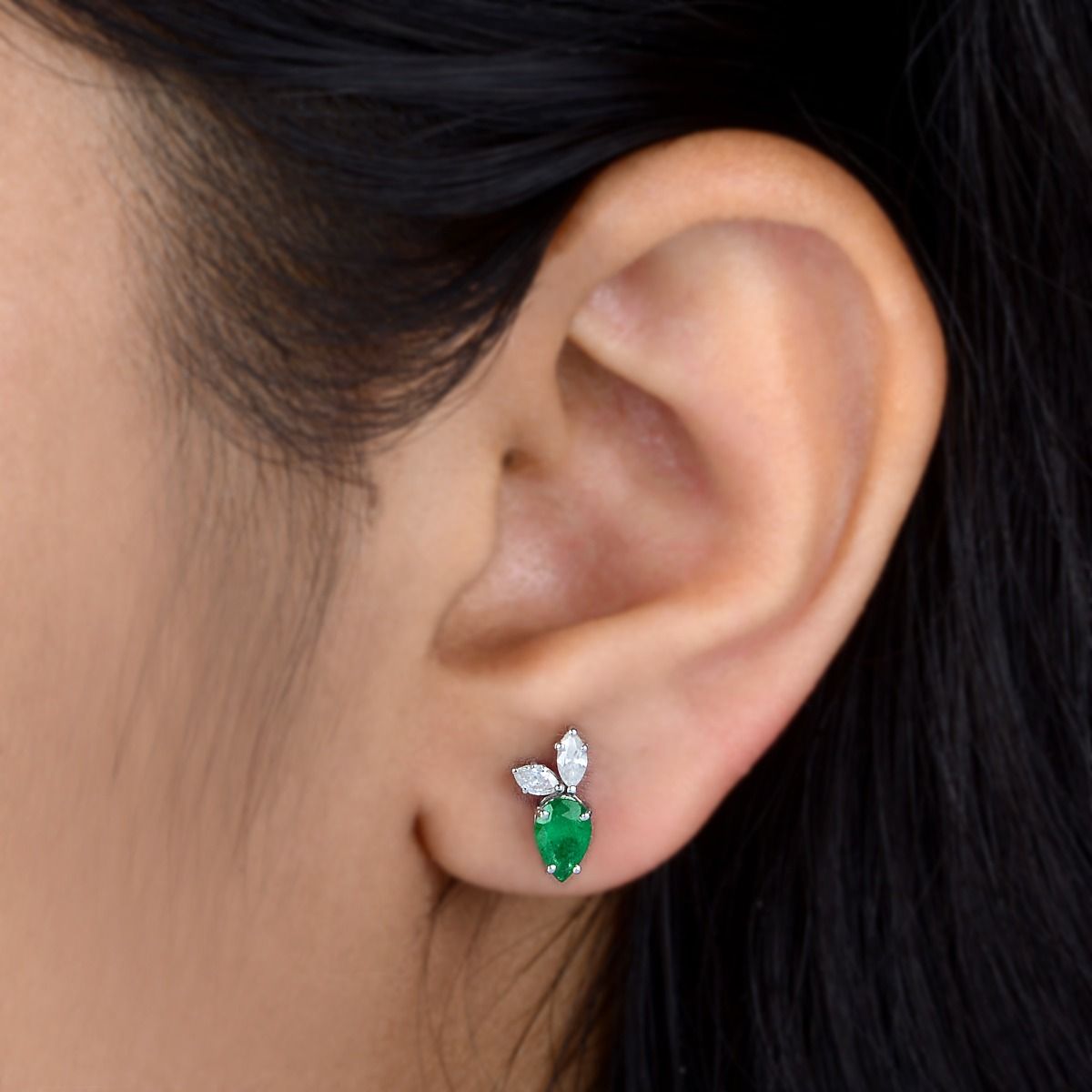 1.02 TCW SI Clarity HI Color In 10k White Gold Diamond Zambian Emerald Gemstone Stud Earring Jewelry For Women | Gfit For Her