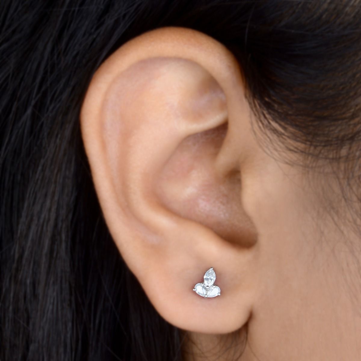 10k White Gold 0.31 SI Clarity HI Color Diamond Tiny Stud Earrings | Three Leafs Diamond Stud Earrings |Gift For Her