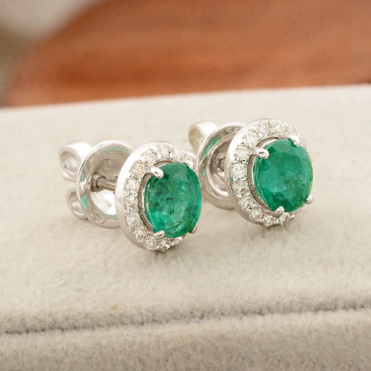 Elegant Round Stud Earrings In 10k Solid White Gold 1.56 TCW SI Clarity HI Color Diamond Zambian Emerald Gemstone Jewelry For Women