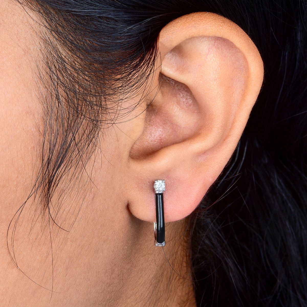 Small Stud Earrings Along With Black Enamel In 10k White Gold With SI Clarity HI Color Diamond in 0.18 carats Gift For Special Occasion