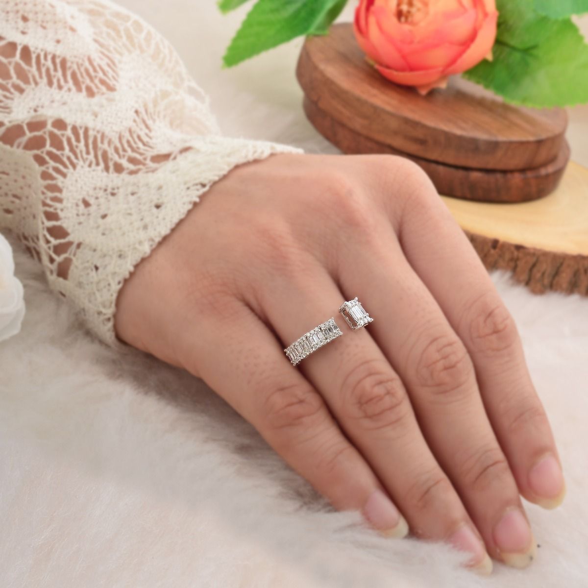 10k White Gold 0.55 TCW SI Clarity HI Color Diamond Cuff Ring |Baguette Diamond Cuff Ring | Diamond Ring |Jewelry For Women |Gift For Her