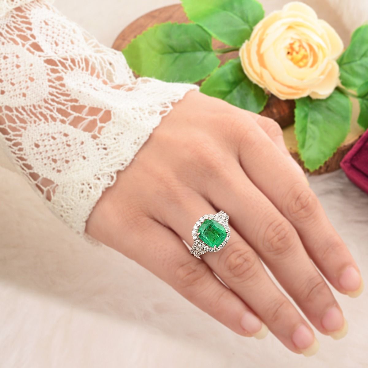 4.46 Carats SI Clarity HI Color Diamond 10k White Gold Zambian Emerald Gemstone |Engagement Ring |Bridal SEt Ring |Halo Style Ring |Jewelry For Women