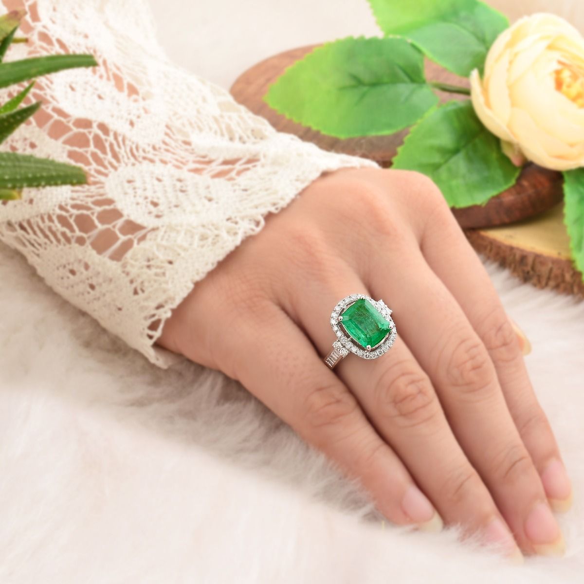 10k White Gold 3.70 TCW SI Clarity HI Color Diamond Zambian Emerald Gemstone Ring |Halo Style Ring |Engagement ring |Jewelry For Ring