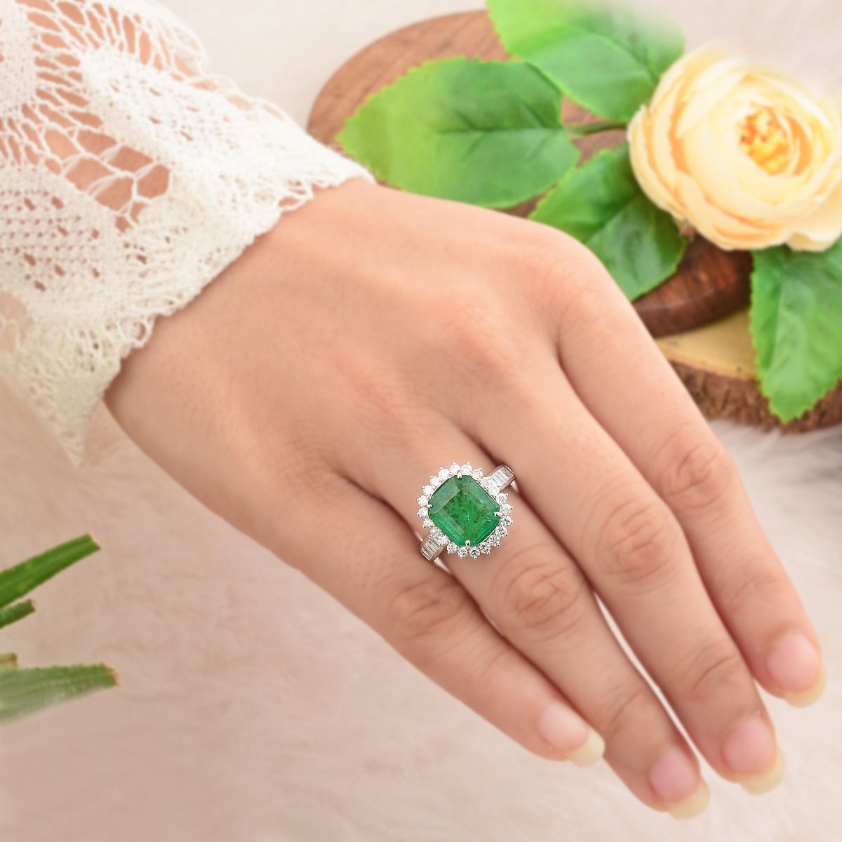 4.73 TCW SI Clarity HI Color Diamond Zambian Emerald Gemstone Ring In 10k White Gold |Engagement Ring |Cocktail Ring |Jewelry For women