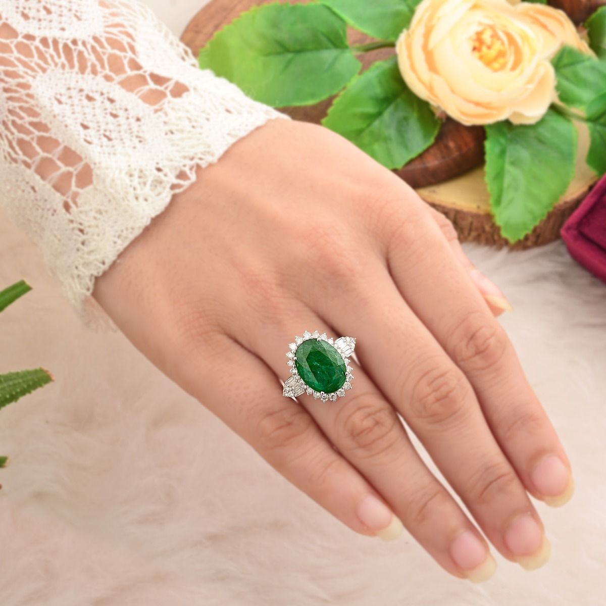 10k White Gold 6.30 SI Clarity HI Color Diamond Zambian emerald Gemstone Ring |Gold Ring |Bridal Set Ring |Party Wear Ring |Jewelry For Women