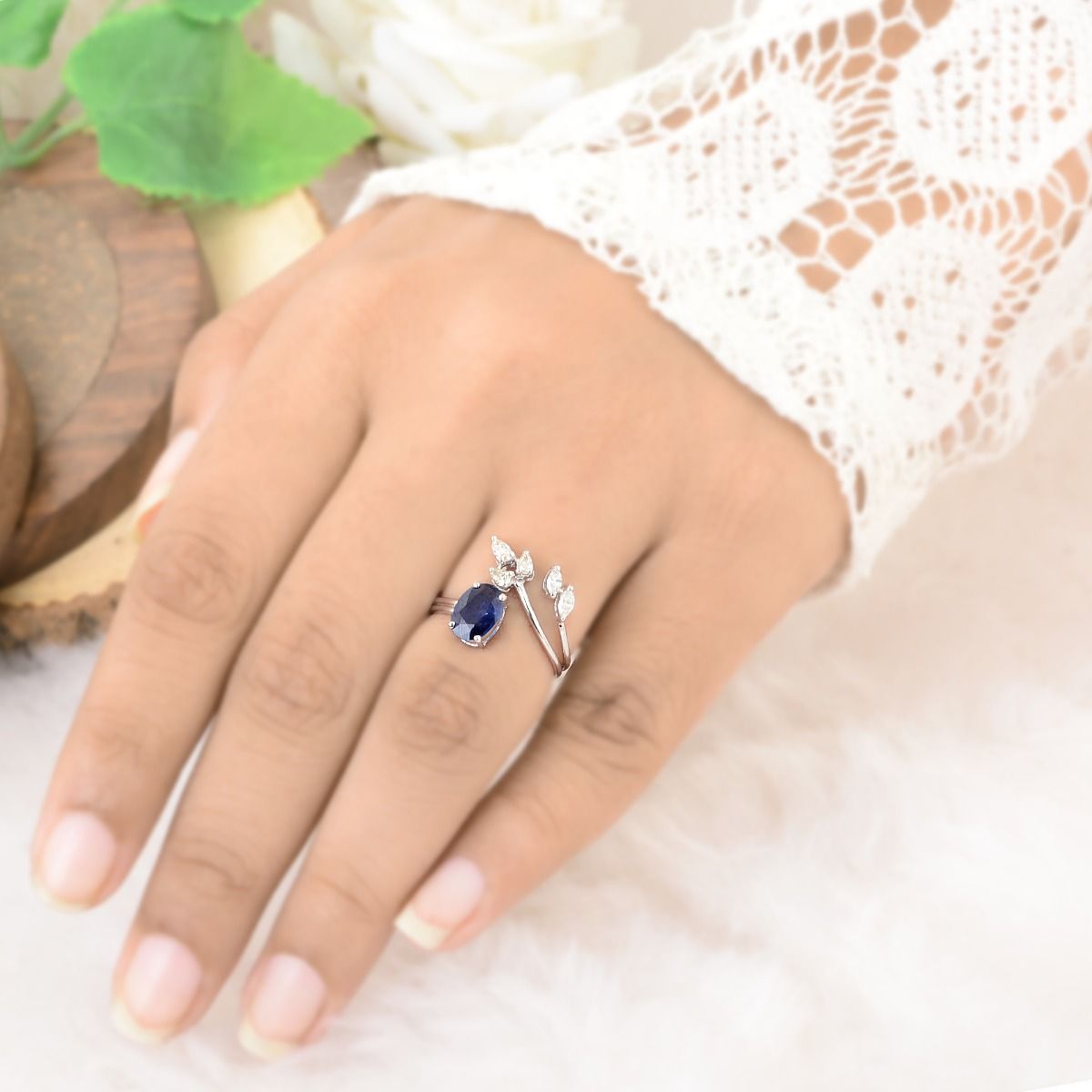 10k White Gold 1.24 TCW SI Clarity HI Color Diamond Blue Sapphire Cuff Ring For Women |Jewelry For Women |Gift For Her |Diamond Ring