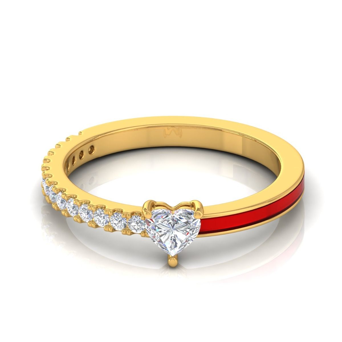 0.46 TCW Solid 14Kt Gold SI Clarity HI Color Heart Diamond Red Enamel Solitaire Ring Indian Fine Jewelry