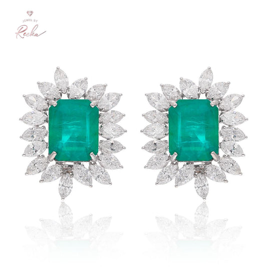 18k White Gold Stud Earrings Natural 7.71 Carat HI Color SI Clarity Marquise Diamond Emerald Cut Zambian Emerald Gemstone Women Jewelry