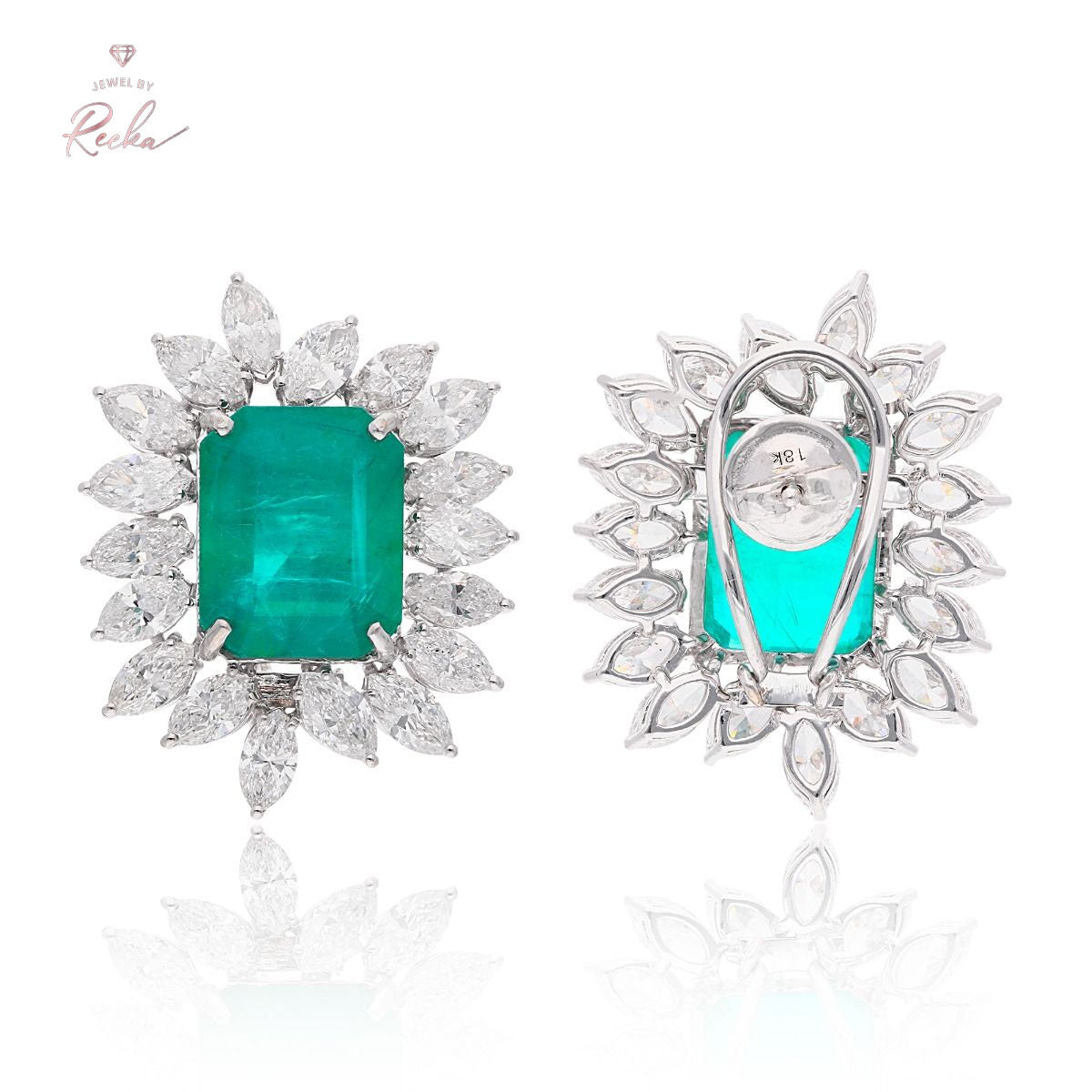 18k White Gold Stud Earrings Natural 7.71 Carat HI Color SI Clarity Marquise Diamond Emerald Cut Zambian Emerald Gemstone Women Jewelry