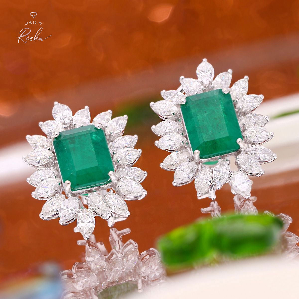 18k White Gold Stud Earrings Natural 7.71 Carat HI Color SI Clarity Marquise Diamond Emerald Cut Zambian Emerald Gemstone Women Jewelry