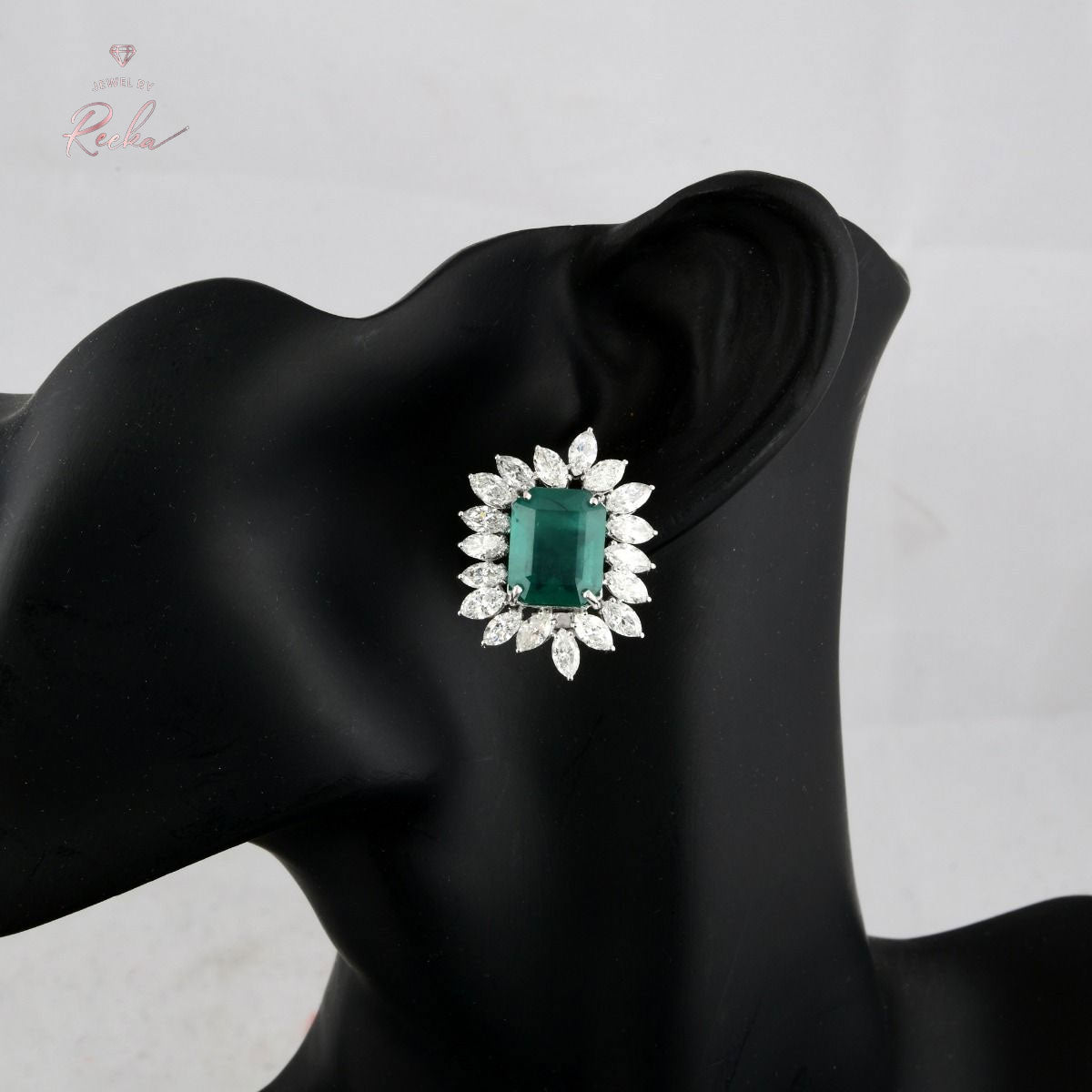 18k White Gold Stud Earrings Natural 7.71 Carat HI Color SI Clarity Marquise Diamond Emerald Cut Zambian Emerald Gemstone Women Jewelry