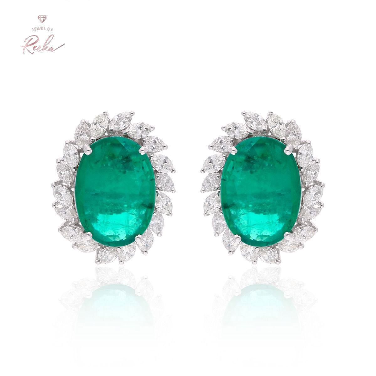 Oval Shape Zambian Emerald Gemstone 18k White Gold Handmade Stud Earrings Natural 1.36 Carat HI Color SI Clarity Diamond Jewelry