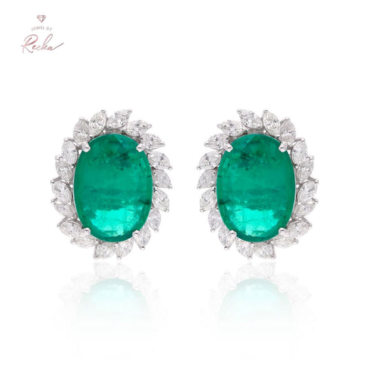 Oval Shape Zambian Emerald Gemstone 18k White Gold Handmade Stud Earrings Natural 1.36 Carat HI Color SI Clarity Diamond Jewelry