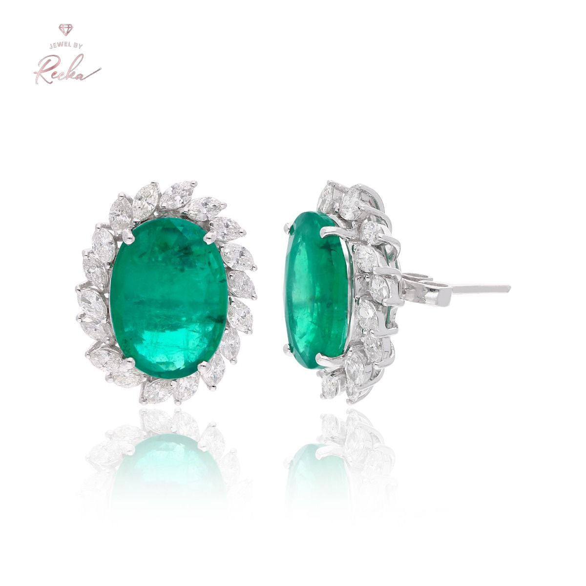 Oval Shape Zambian Emerald Gemstone 18k White Gold Handmade Stud Earrings Natural 1.36 Carat HI Color SI Clarity Diamond Jewelry