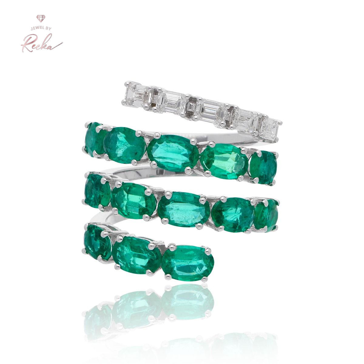 Zambian Emerald Gemstone 0.76 Carat HI/SI Diamond Spiral Ring 18k White Gold Handmade Fine Jewelry