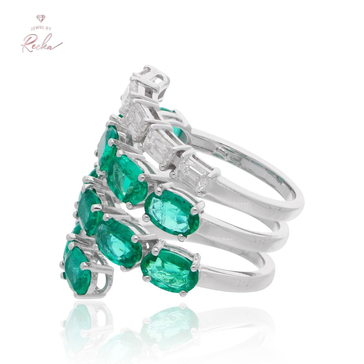 Zambian Emerald Gemstone 0.76 Carat HI/SI Diamond Spiral Ring 18k White Gold Handmade Fine Jewelry