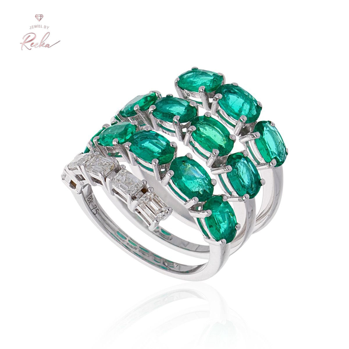 Zambian Emerald Gemstone 0.76 Carat HI/SI Diamond Spiral Ring 18k White Gold Handmade Fine Jewelry