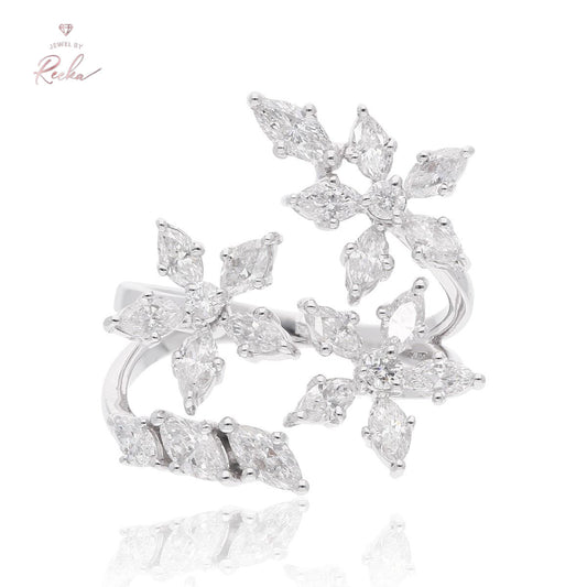 18k White Gold Handmade Cuff Ring Natural 1.73 Carat HI/SI Diamond Flower Design Jewelry