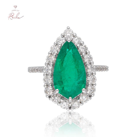 Pear Shape Zambian Emerald Gemstone 1.02 Carat HI/SI Diamond Ring 18k White Gold Handmade Fine Jewelry