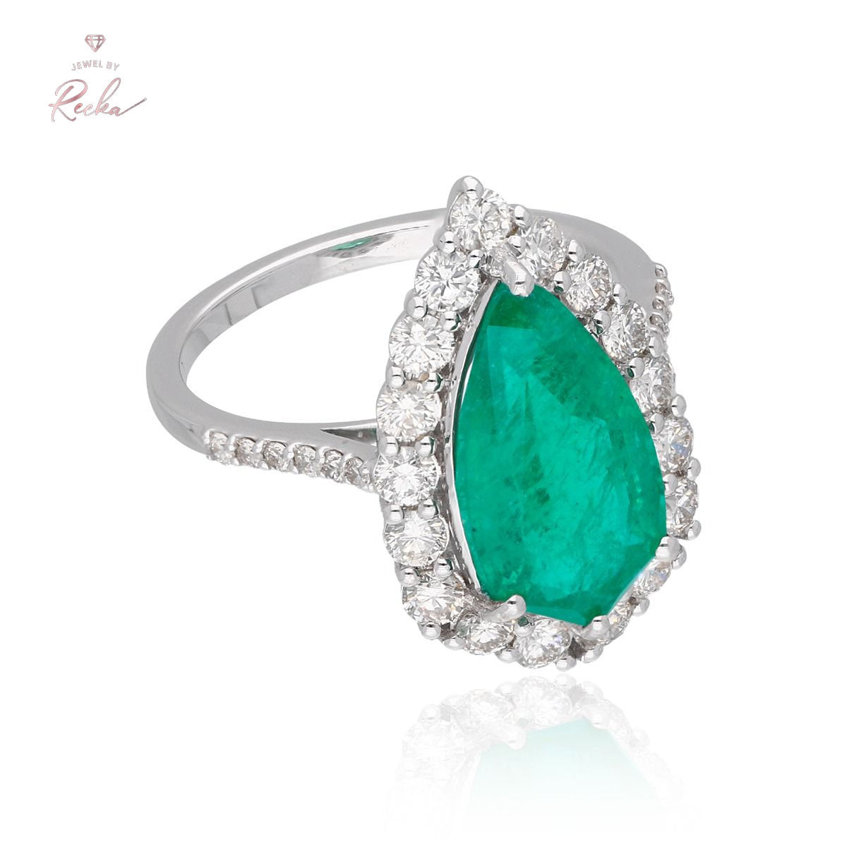 Pear Shape Zambian Emerald Gemstone 1.02 Carat HI/SI Diamond Ring 18k White Gold Handmade Fine Jewelry