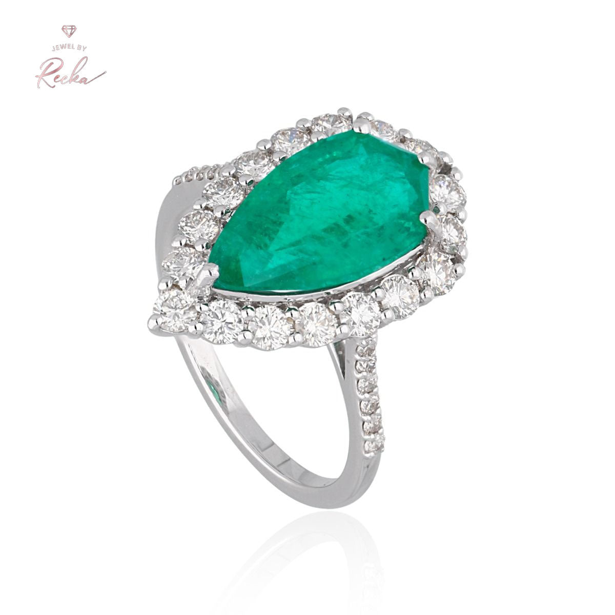 Pear Shape Zambian Emerald Gemstone 1.02 Carat HI/SI Diamond Ring 18k White Gold Handmade Fine Jewelry