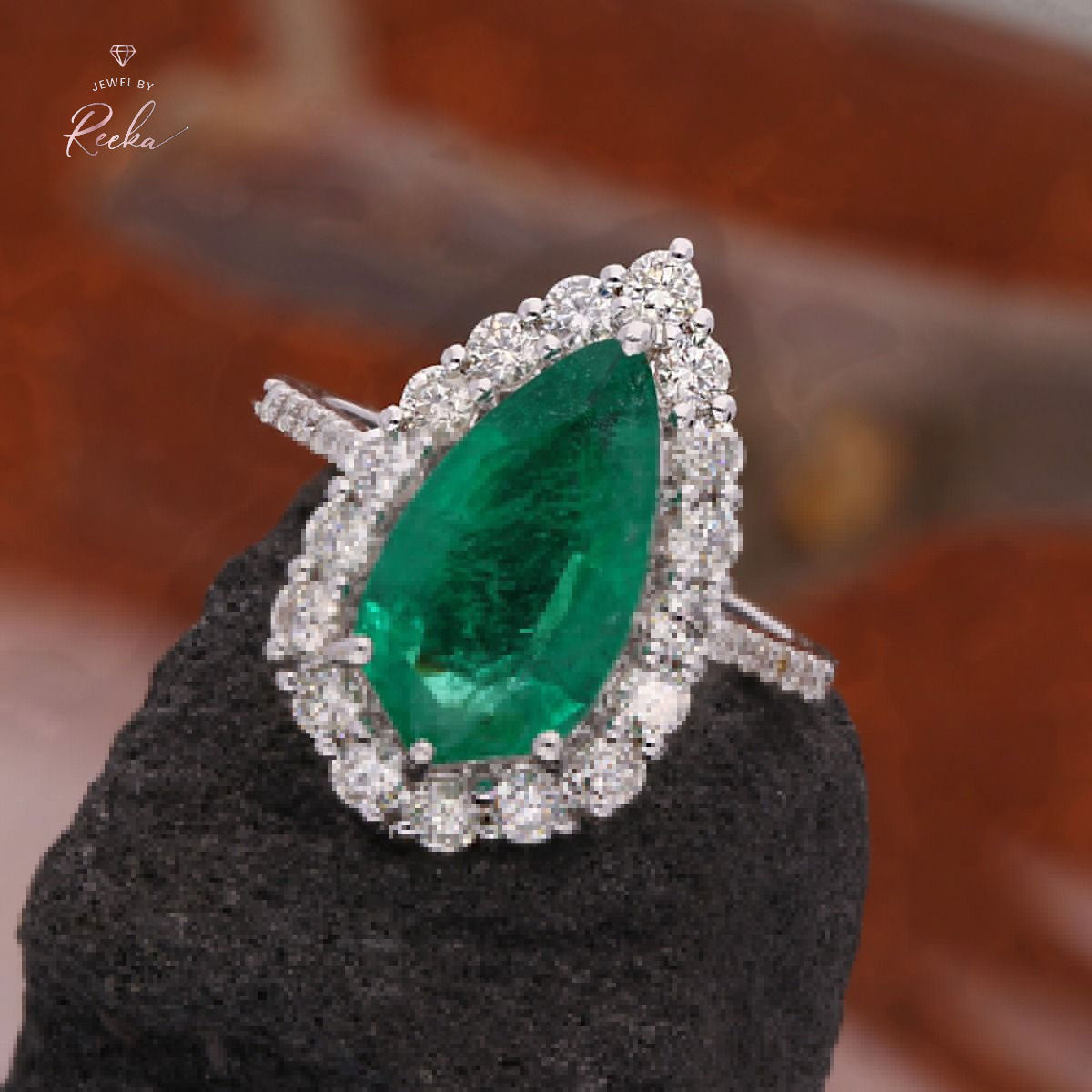 Pear Shape Zambian Emerald Gemstone 1.02 Carat HI/SI Diamond Ring 18k White Gold Handmade Fine Jewelry