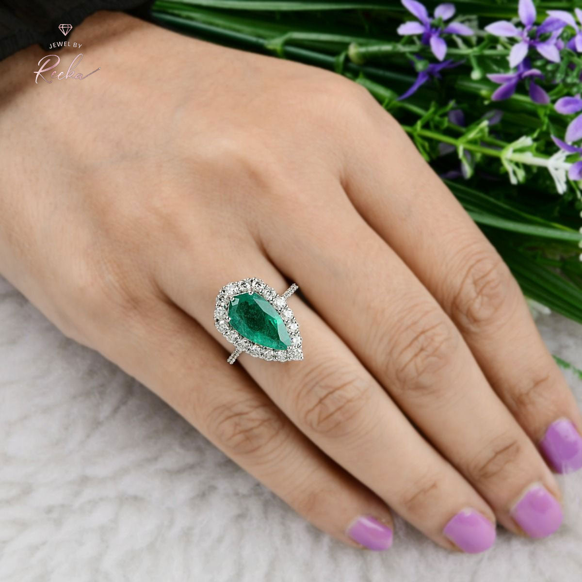 Pear Shape Zambian Emerald Gemstone 1.02 Carat HI/SI Diamond Ring 18k White Gold Handmade Fine Jewelry