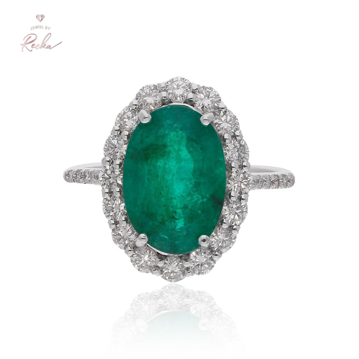 Oval Shape Zambian Emerald Gemstone Cocktail Ring 18k White Gold 0.84 Carat HI/SI Diamond Jewelry For Her