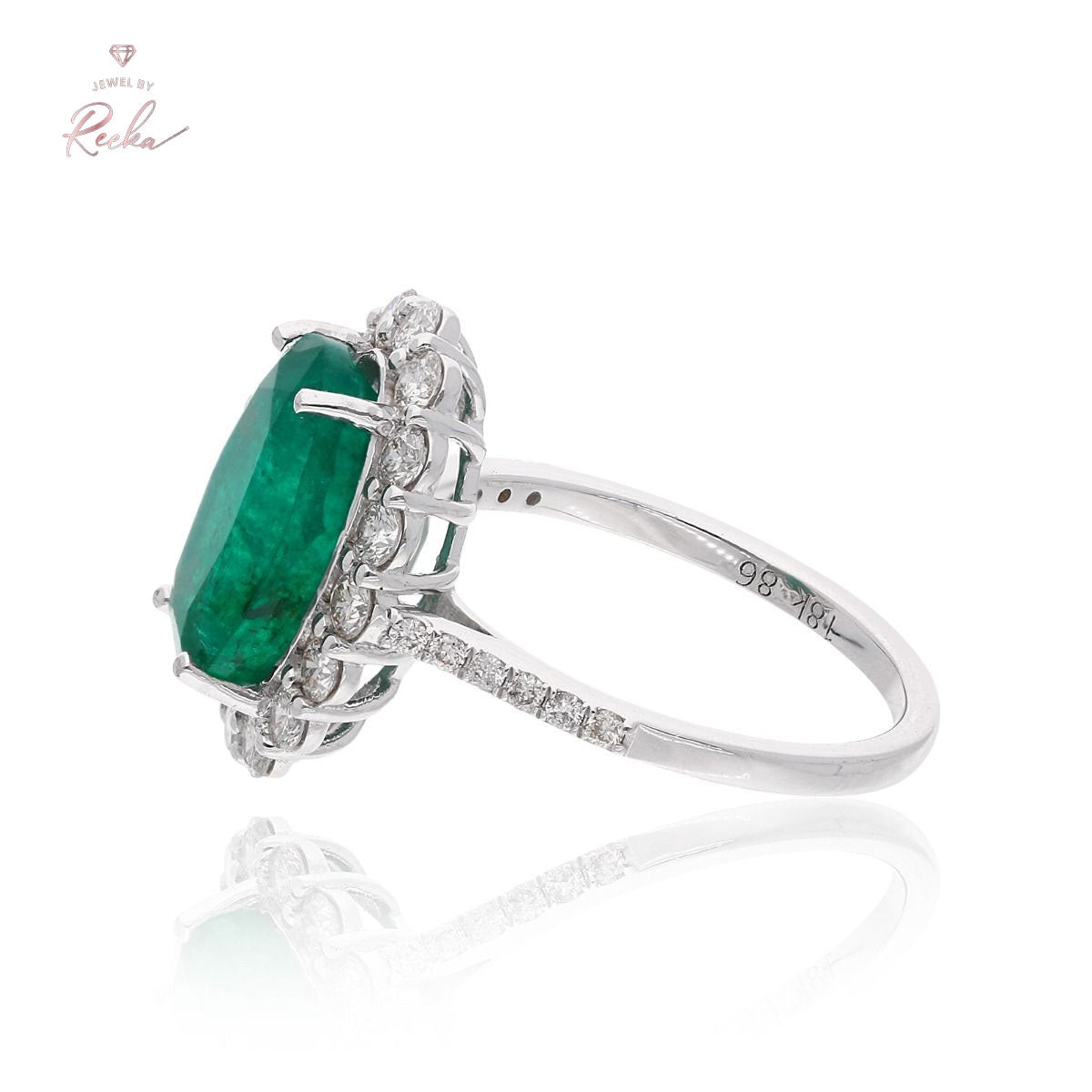 Oval Shape Zambian Emerald Gemstone Cocktail Ring 18k White Gold 0.84 Carat HI/SI Diamond Jewelry For Her