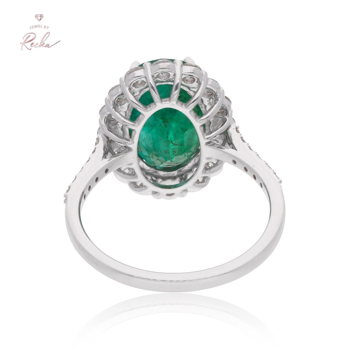 Oval Shape Zambian Emerald Gemstone Cocktail Ring 18k White Gold 0.84 Carat HI/SI Diamond Jewelry For Her