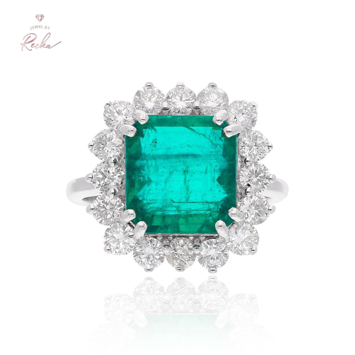 18k White Gold Handmade Halo Ring Natural 1.48 Carat HI Color SI Clarity Diamond Zambian Emerald Gemstone Jewelry