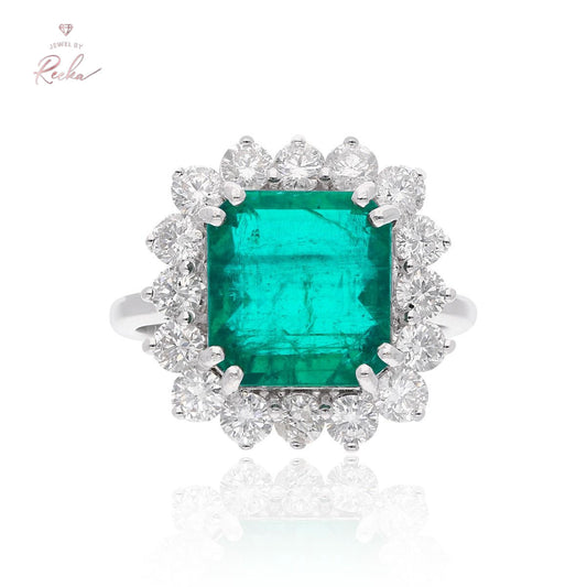 18k White Gold Handmade Halo Ring Natural 1.48 Carat HI Color SI Clarity Diamond Zambian Emerald Gemstone Jewelry