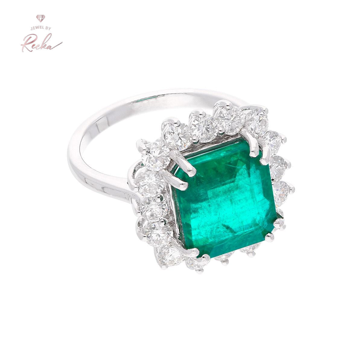 18k White Gold Handmade Halo Ring Natural 1.48 Carat HI Color SI Clarity Diamond Zambian Emerald Gemstone Jewelry