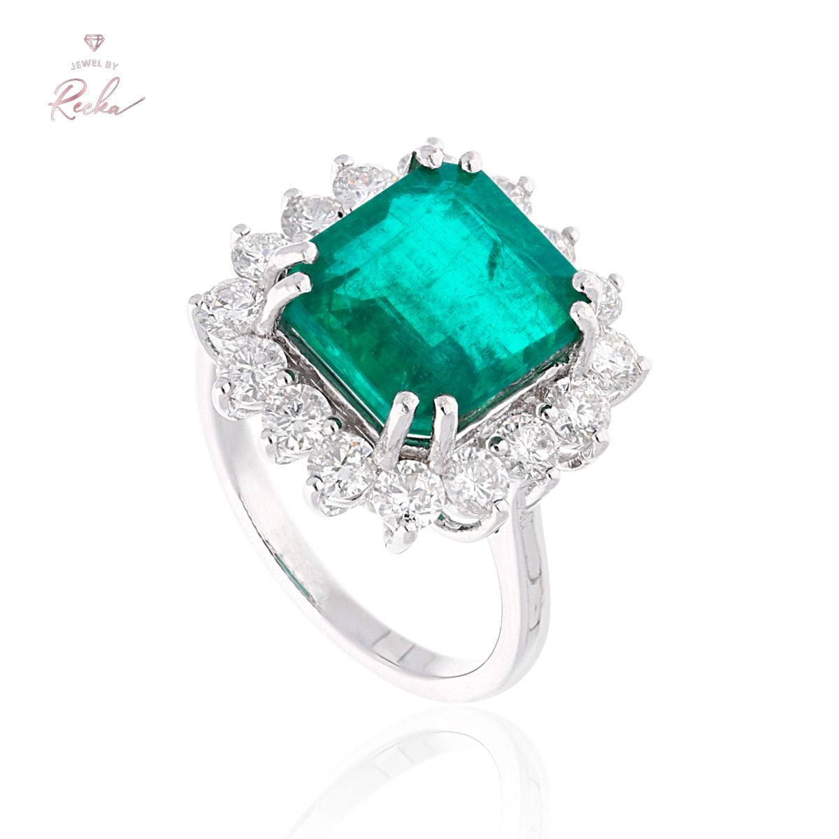 18k White Gold Handmade Halo Ring Natural 1.48 Carat HI Color SI Clarity Diamond Zambian Emerald Gemstone Jewelry