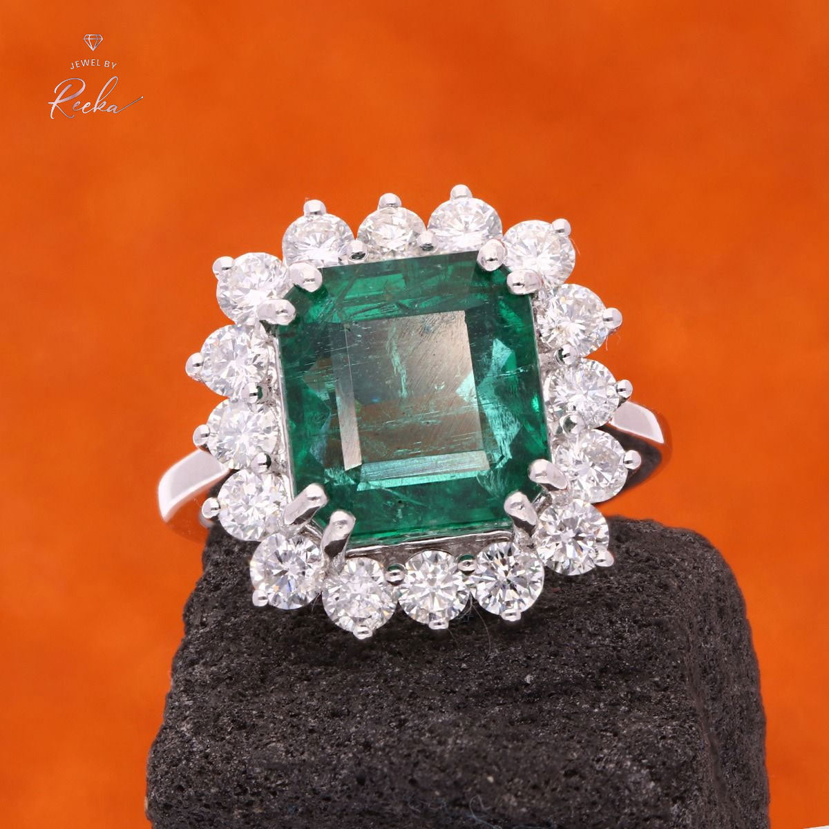 18k White Gold Handmade Halo Ring Natural 1.48 Carat HI Color SI Clarity Diamond Zambian Emerald Gemstone Jewelry