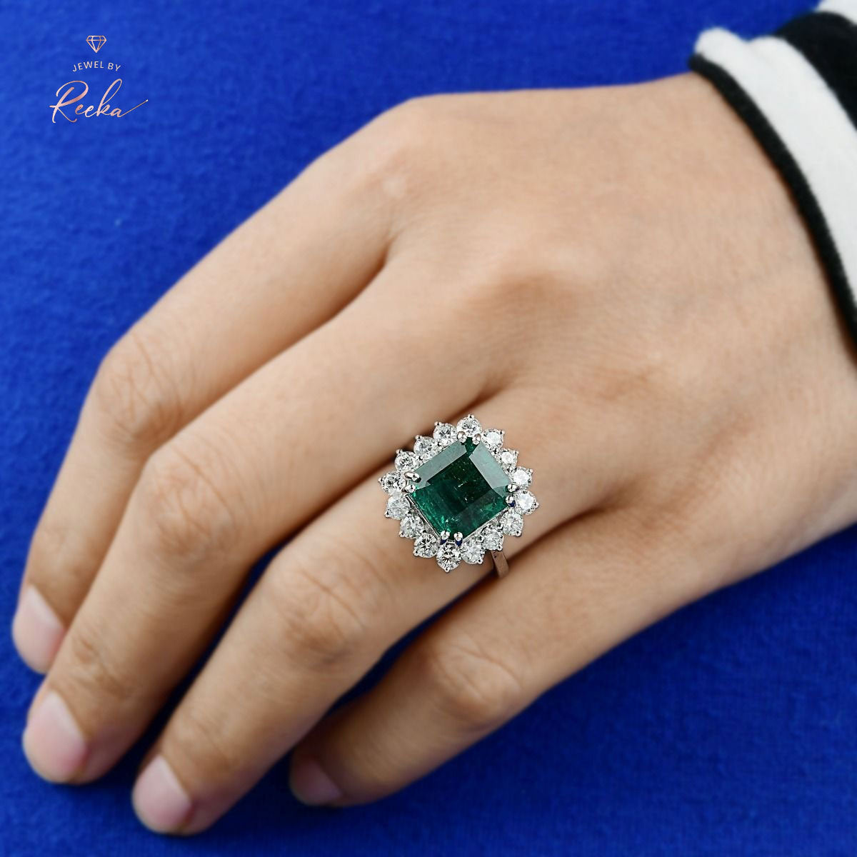 18k White Gold Handmade Halo Ring Natural 1.48 Carat HI Color SI Clarity Diamond Zambian Emerald Gemstone Jewelry