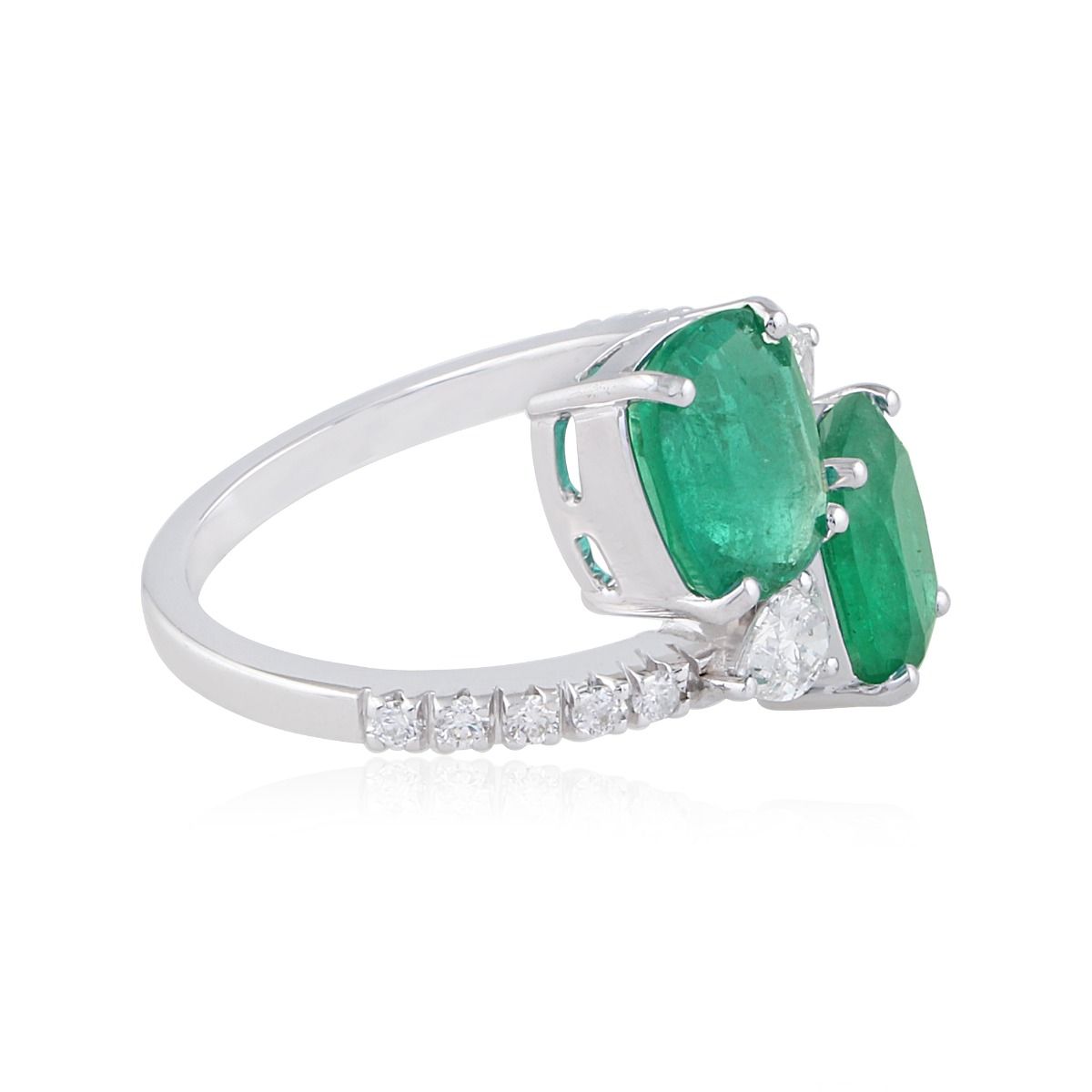 Two Emerald Stone Solid 18Kt White Gold SI Clarity HI Color Diamond Promise Ring