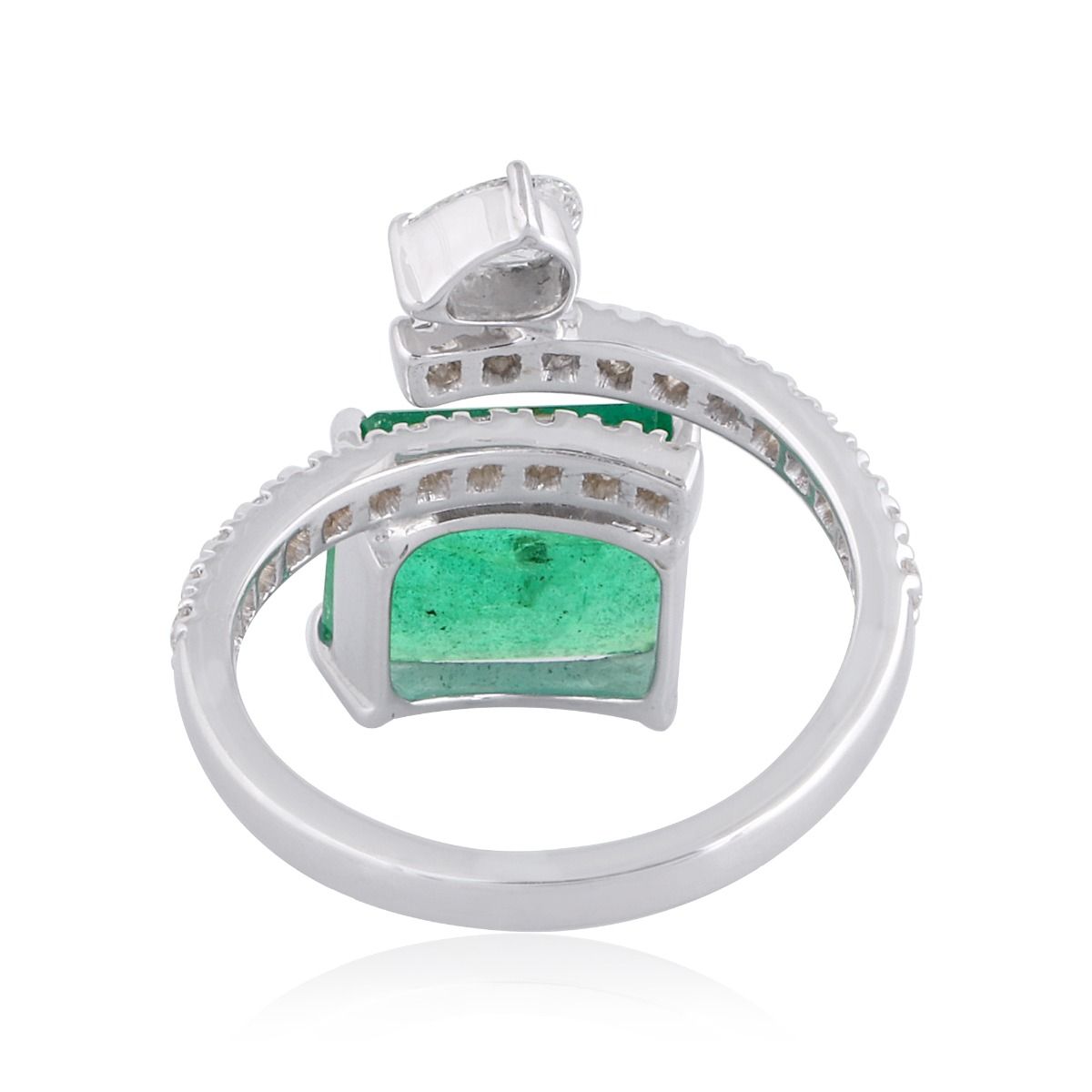 One Emerald Stone Solid 18Kt White Gold SI Clarity HI Color Diamond Proposal Spiral Ring