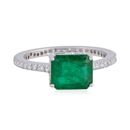 Single Emerald Stone Solid 18Kt White Gold SI Clarity HI Color Diamond Proposal Ring