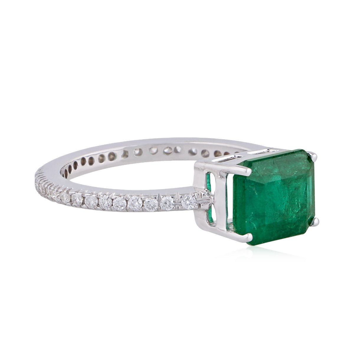 Single Emerald Stone Solid 18Kt White Gold SI Clarity HI Color Diamond Proposal Ring