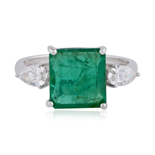 One Emerald Stone Solid 18Kt White Gold SI Clarity HI Color Diamond Promise Ring