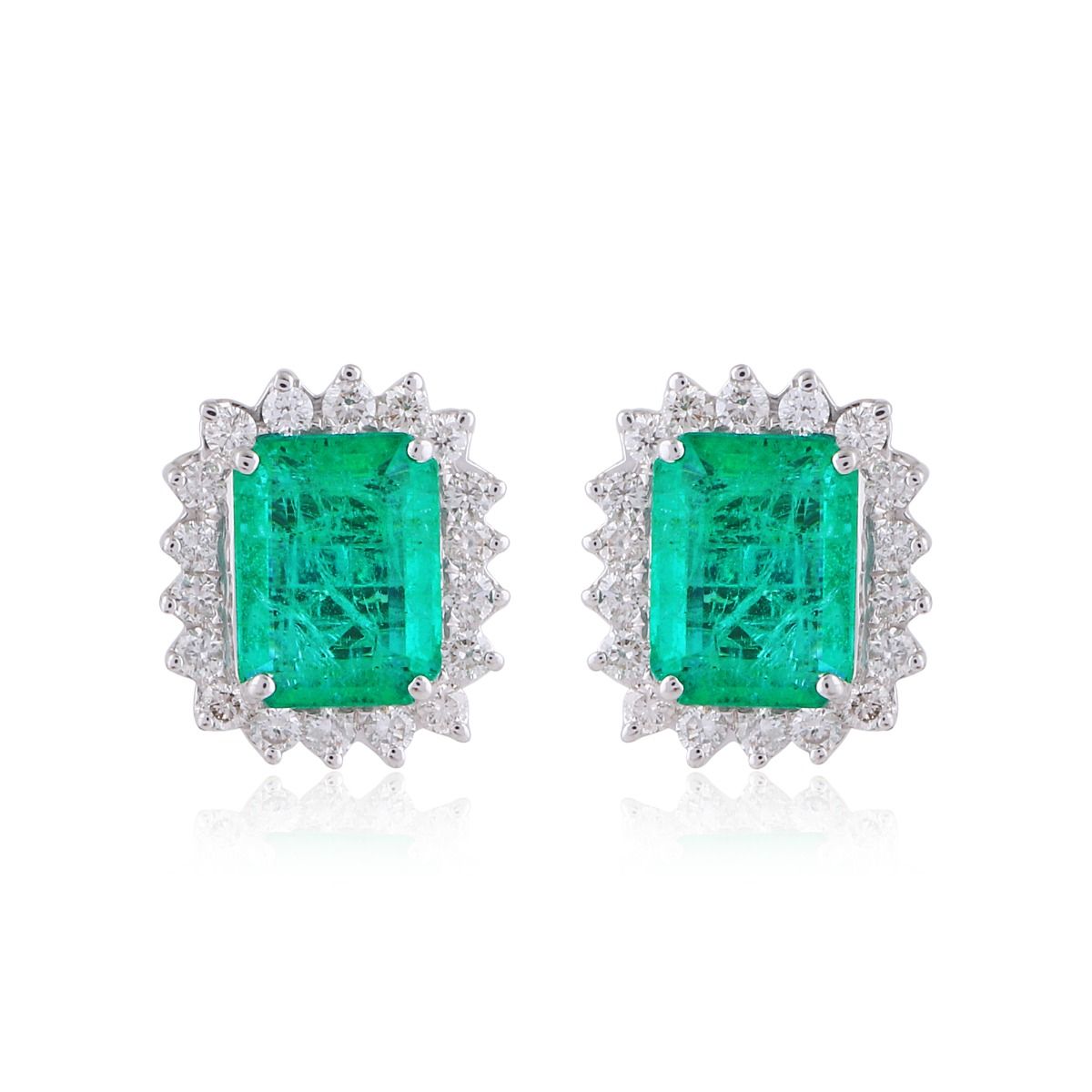 Real Emerald Solid 18 Kt White Gold SI Clarity HI Color Diamond Fine Stud Earrings